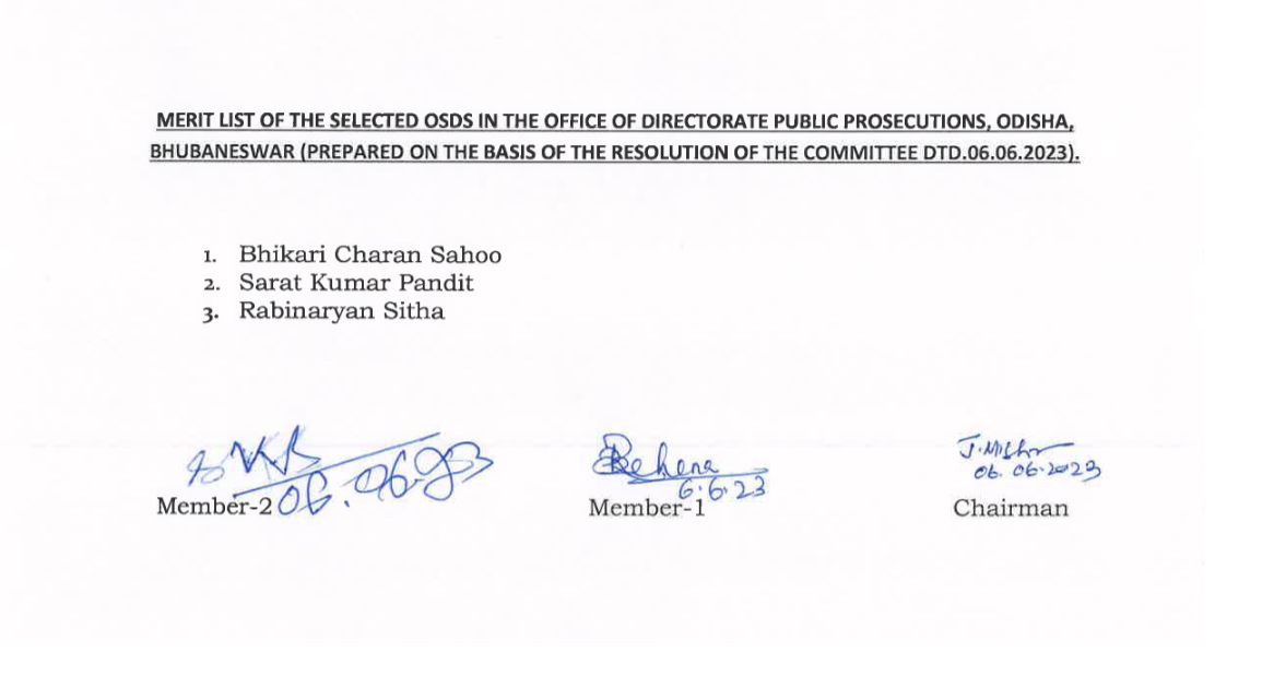 Merit List of Selected OSDs in the Office of Directorate Public Prosecutions, Odisha